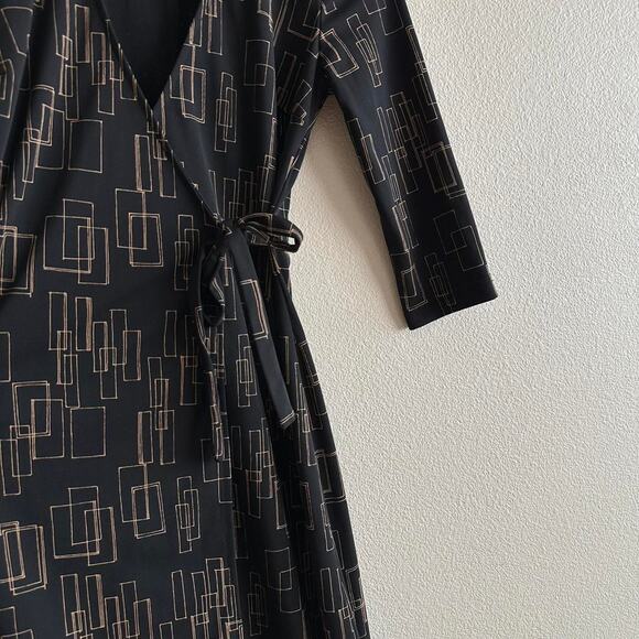 Vintage La Belle black gold retro abstract 3/4 sleeve wrap midi dress size S - Picture 7 of 10